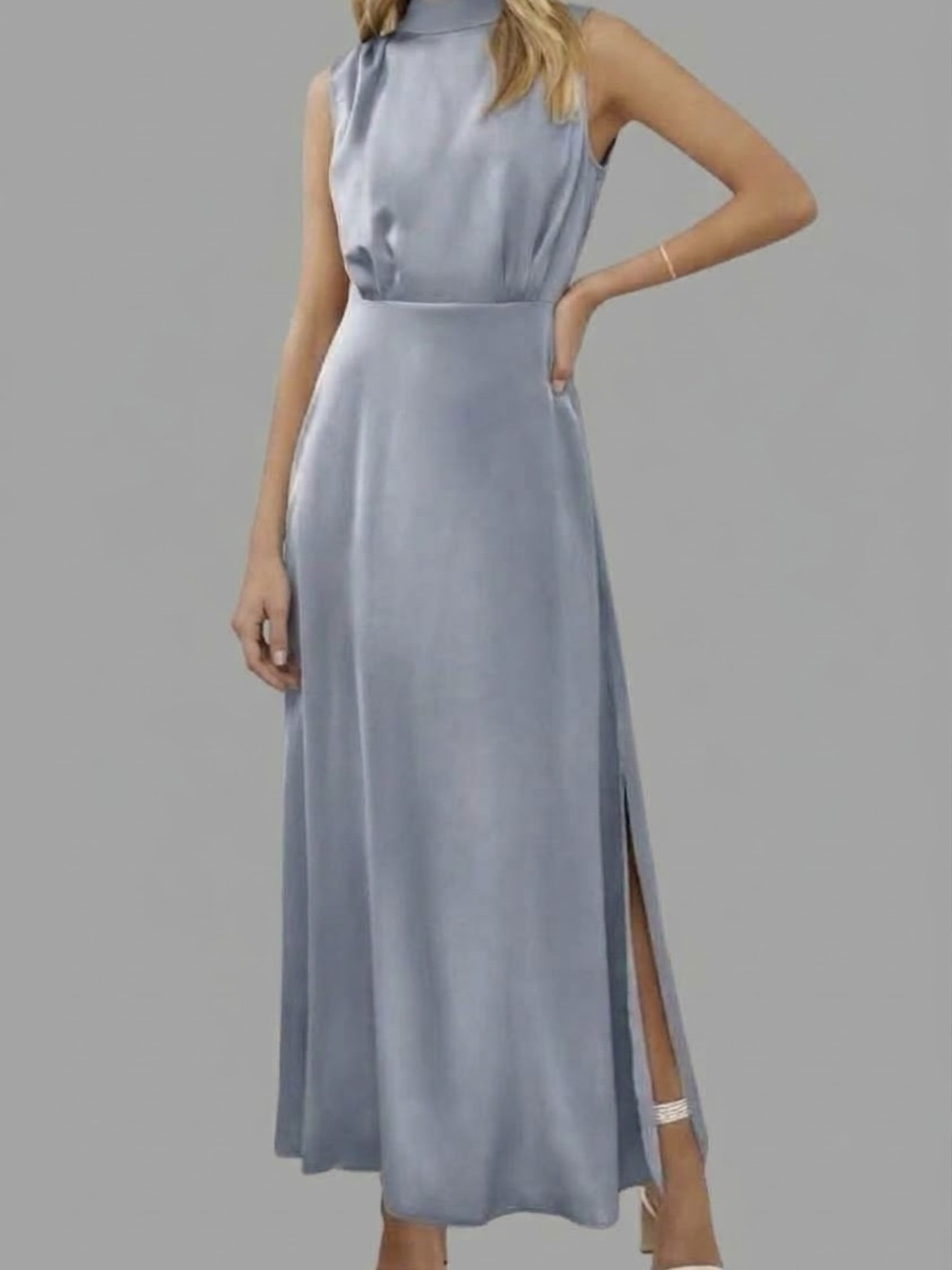 Satin High-Neck Sleeveless Maxi Dress in Gray